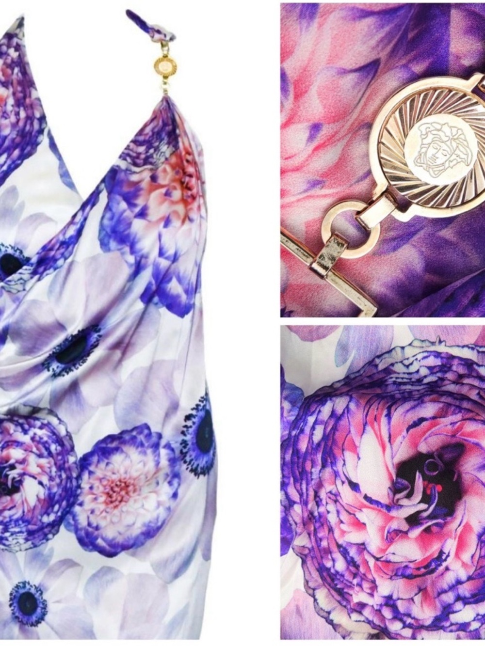 Vintage Versace Purple and White Silk Floral Mini Dress